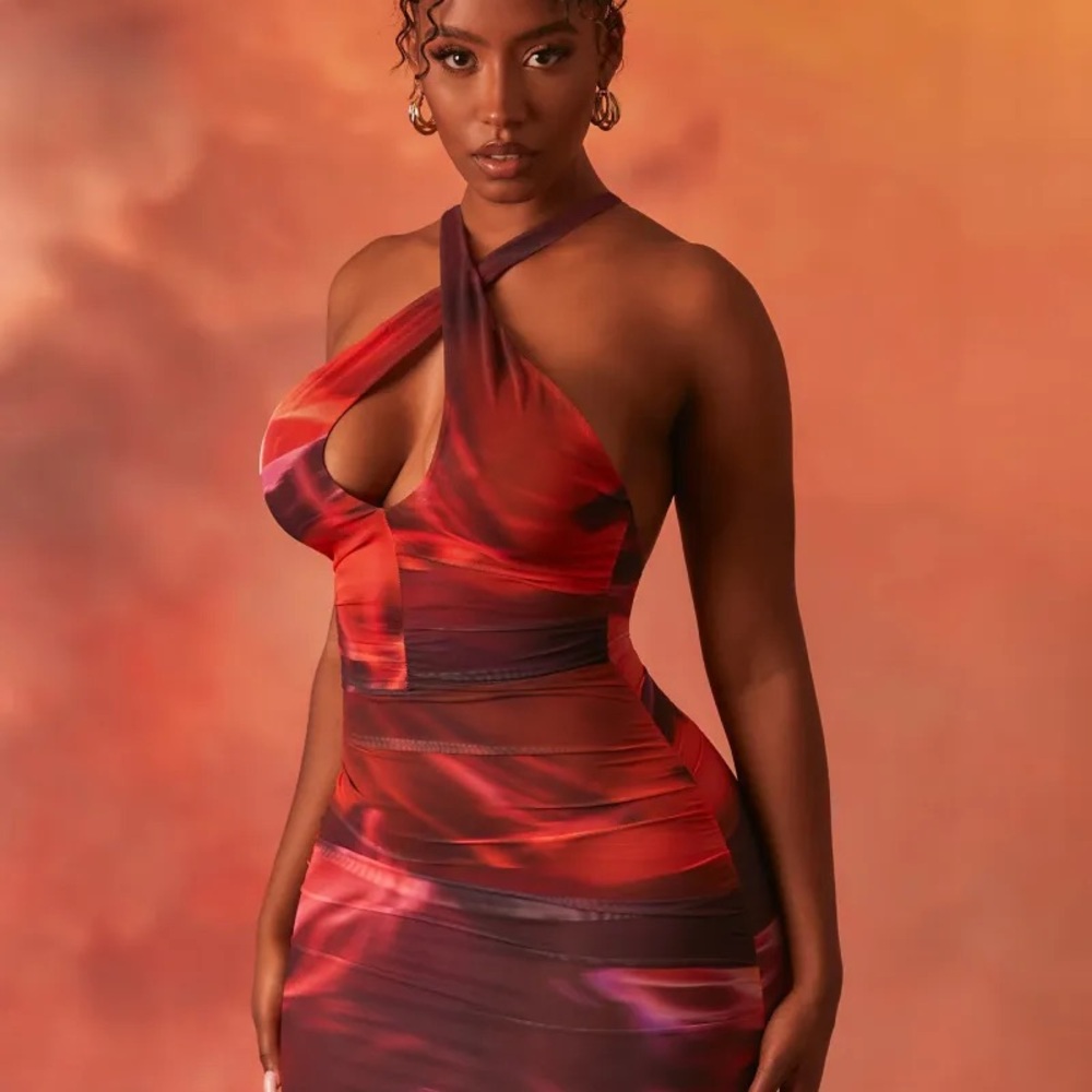 Oh Polly Red & Purple Twist Halter Mini Dress